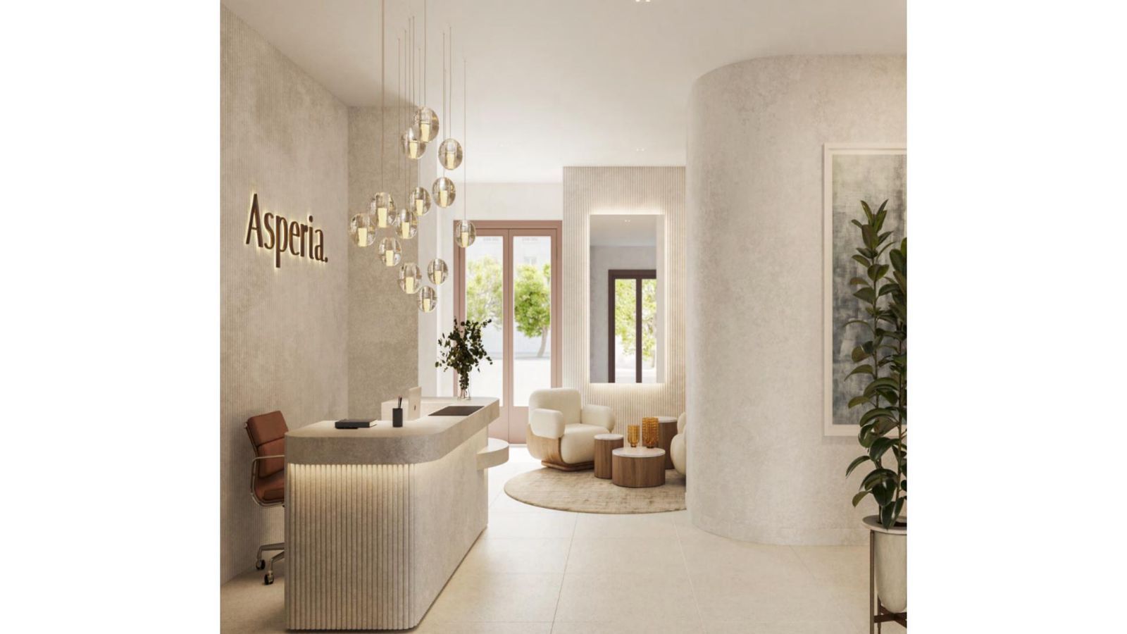 Receptie van Asperia Estepona met modern design en zachte kleuren.